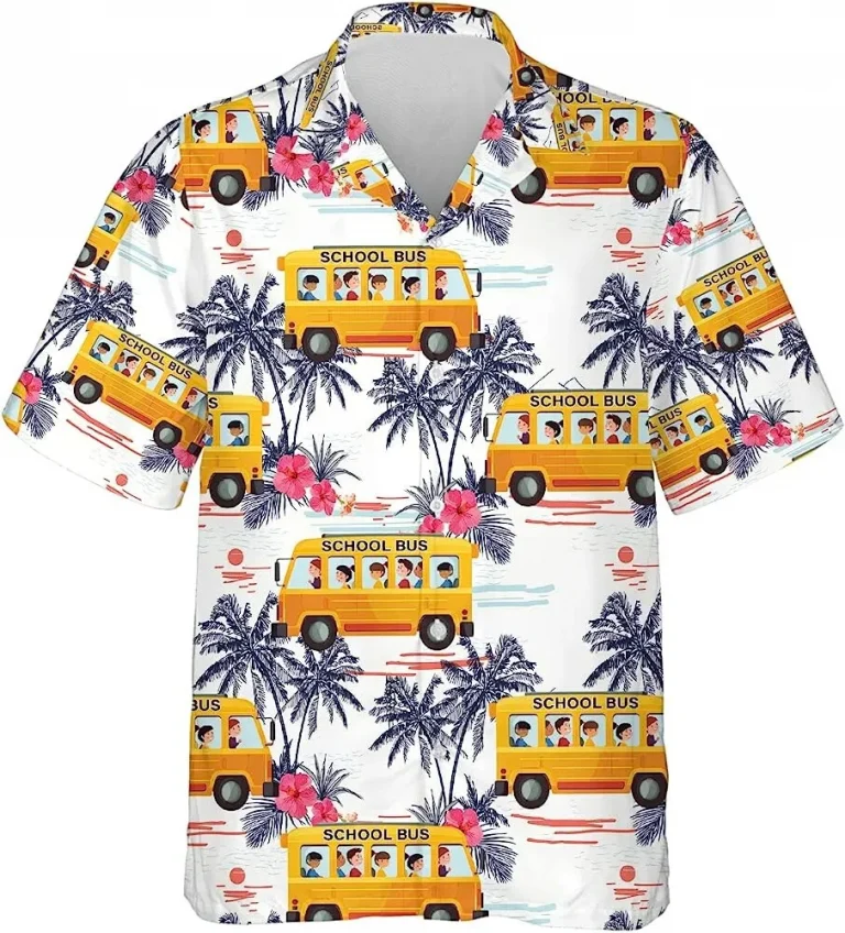 School Bus Tropical Pattern Shirt For Men Women, Bus Drivers Aloha Tropical Flowers Hawaiian Shirt, Beach Style Button Down Shirt