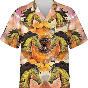 Amazing Mandala Horse Summer Mens Hawaiian Shirt, Horse Casual Button Down Shirt, Vintage Hawaii Beach Shirt, Summer Vacation Hawaiian Shirt