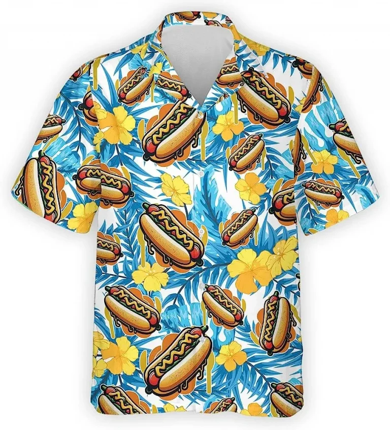 Hotdog Tropical Pattern Hawaiian Shirt, Hotdog Casual Printed Beach Summer Shirt, Beach Style Button Down Shirt, Tropical Beach Shirt, Summer Shirt