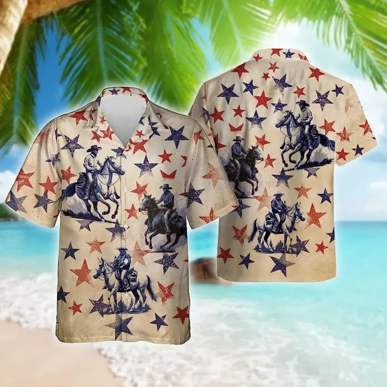 Vintage Red And Blue Stars Cowboy Summer Mens Hawaiian Shirt, Retro Cowboy Shirt, Button Vintage Aloha Hawaii Shirt, Summer Beach Shirt