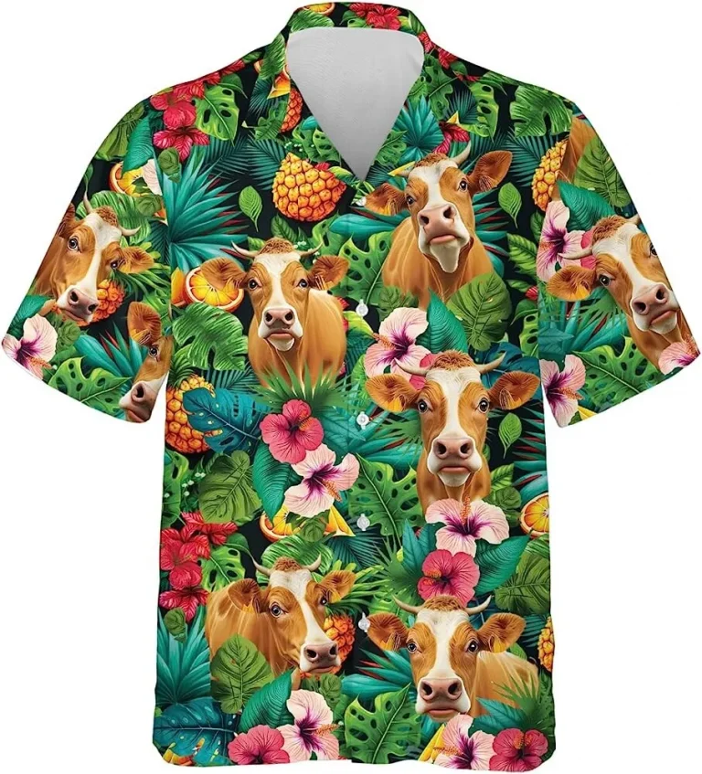 Pineapple And Hibiscus Cow Hawaiian Shirts, Cow Cattle Tropical Beach Shirt, Family Hawaiian Beach Shirt, Short Sleeve Button Down Hawaiian Shirt