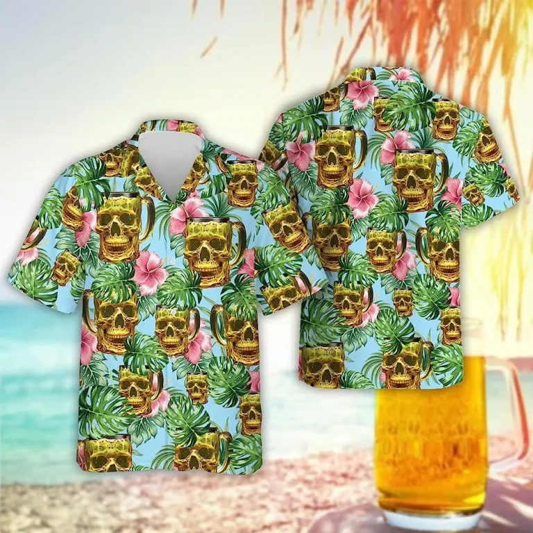 Beer Skull Tropical Pattern Hawaiian Shirt, Tropical Beach Shirt For Beer Lovers, Casual Button Down Hawaiian Shirt, Summer Aloha Beach Shirt