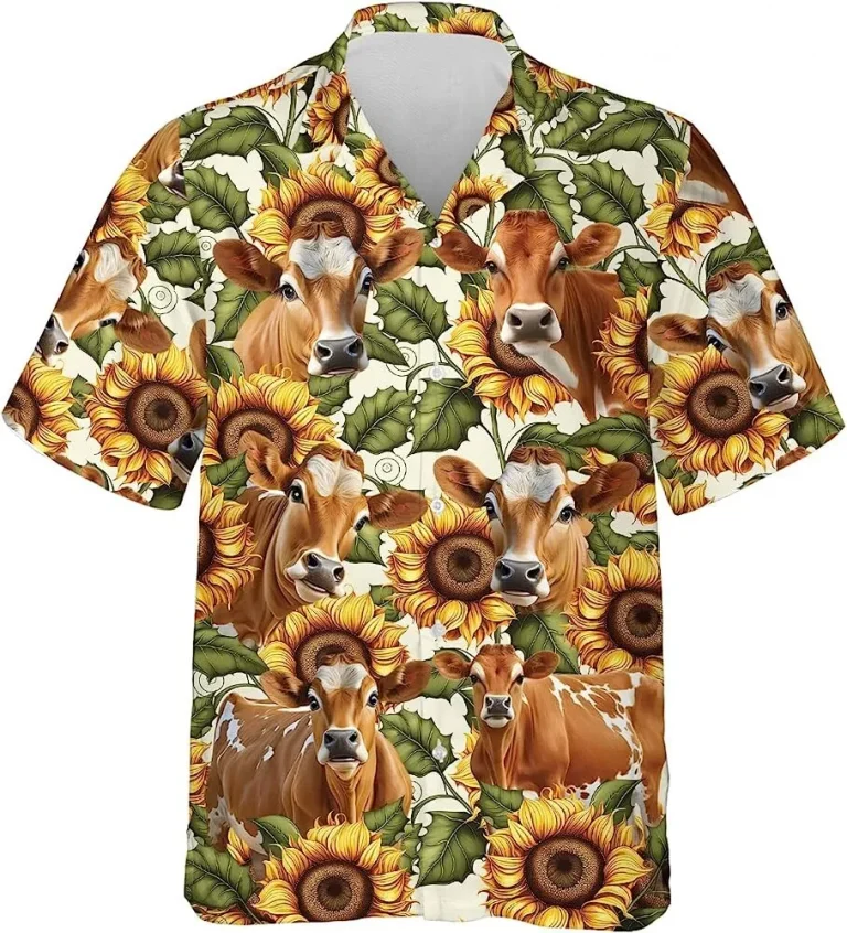 Jersey Cow And Sunflower Hawaiian Shirts For Men, Cow Short Sleeve Button Down Shirt, Hawaiian Style Shirts, Summer Aloha Shirt, Farmers Gift