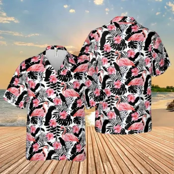 Pink Flamingo, Black Parrots And Plants Hawaii Shirt, 3d T-shirt, Aloha Shirt For Mens, Womens