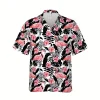Pink Flamingo, Black Parrots And Plants Hawaii Shirt, 3d T-shirt, Aloha Shirt For Mens, Womens