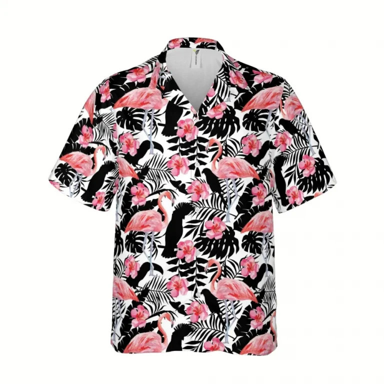 Pink Flamingo, Black Parrots And Plants Hawaii Shirt, 3d T-shirt, Aloha Shirt For Mens, Womens