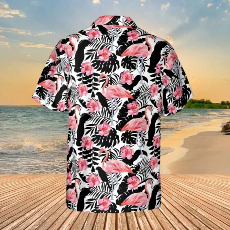 Pink Flamingo, Black Parrots And Plants Hawaii Shirt, 3d T-shirt, Aloha Shirt For Mens, Womens