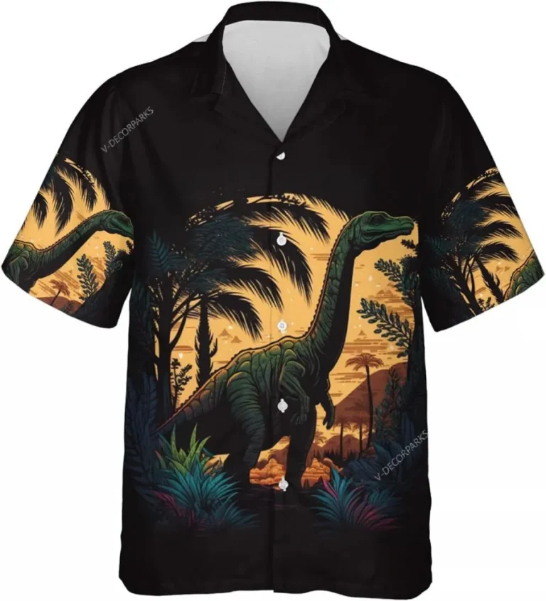 Dinosaur On Island Hawaiian Shirts For Men, Tropical Dinosaur Short Sleeve Button Down Shirt, Button Vintage Aloha Hawaii Shirt, Family Aloha Shirts