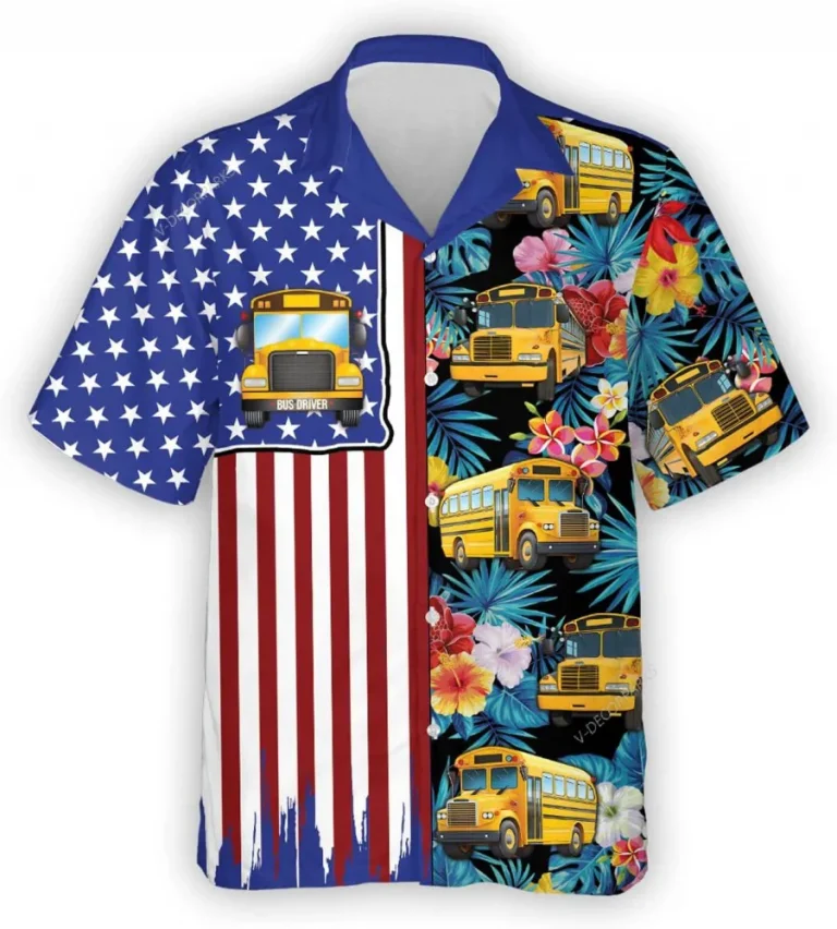 American School Bus Tropical Mens Hawaiian Shirts, Bus Driver Short Sleeve Button Down Shirt, Casual Printed Beach Shirt, Summer Aloha Shirt