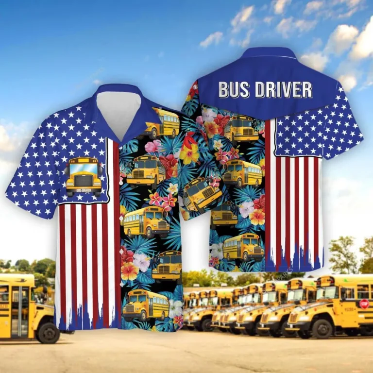 American School Bus Tropical Mens Hawaiian Shirts, Bus Driver Short Sleeve Button Down Shirt, Casual Printed Beach Shirt, Summer Aloha Shirt