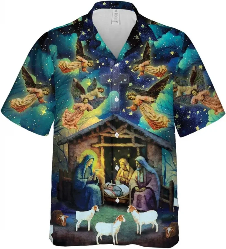 God Nativity Hawaiian Shirts For Men Women, Christian Jesus Hawaiian Shirts, My Savior Angel Summer Short-sleeve Casual Relaxed-fit Button-down Shirts