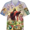 Christian Jesus Easter Hawaiian Shirts, Happy Easter Day Summer Shirts, Christian Short-sleeve Casual Relaxed-fit Button-down Shirts, Religious Shirts