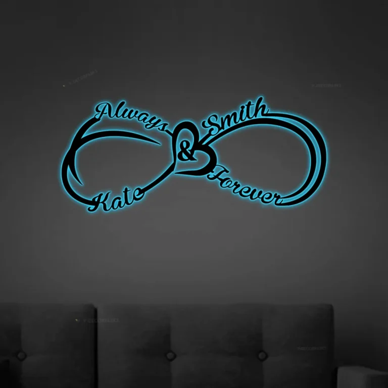 Always & Forever Personalized Names Infinity Heart Metal Sign With Led Lights, Valentine Wall Art For Couples, Newly Engaged Gifts