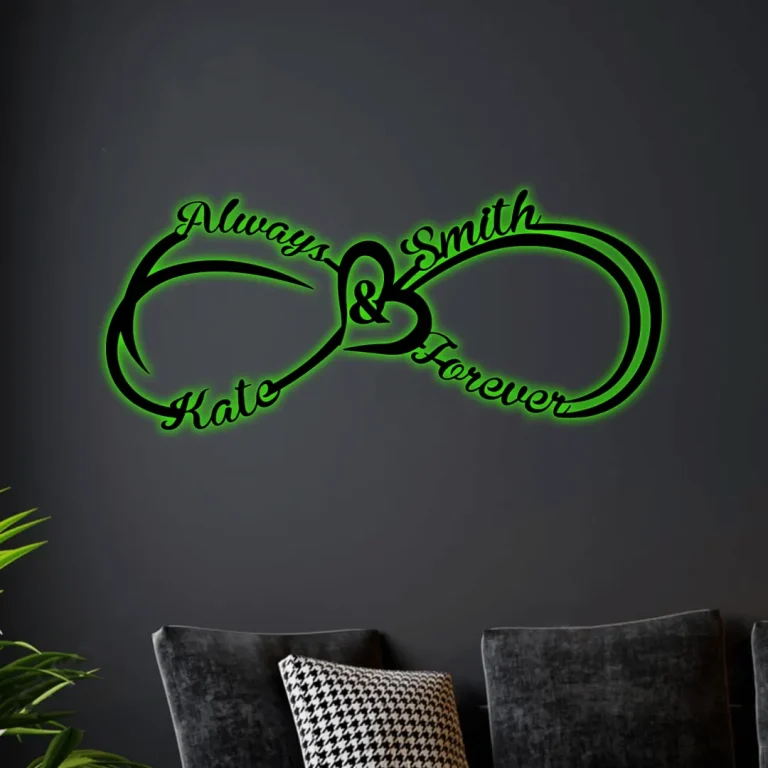 Always & Forever Personalized Names Infinity Heart Metal Sign With Led Lights, Valentine Wall Art For Couples, Newly Engaged Gifts