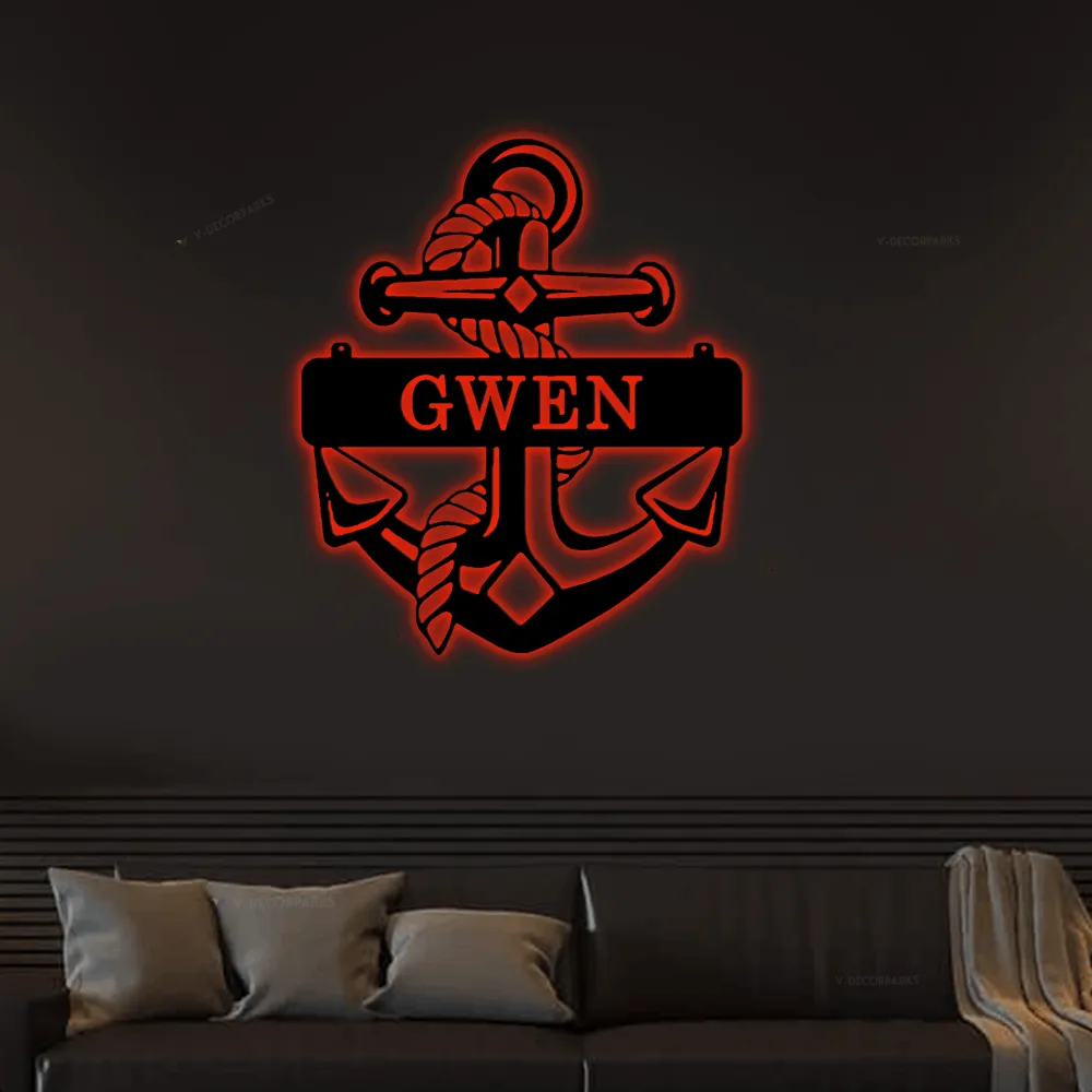 Anchor Sign With Led Lights, Beach Decor, Anchor Family Name, Wall Decor, Custom Wedding Gift, Metal Wall Art, Lake Metal Sign, Custom Name Sign