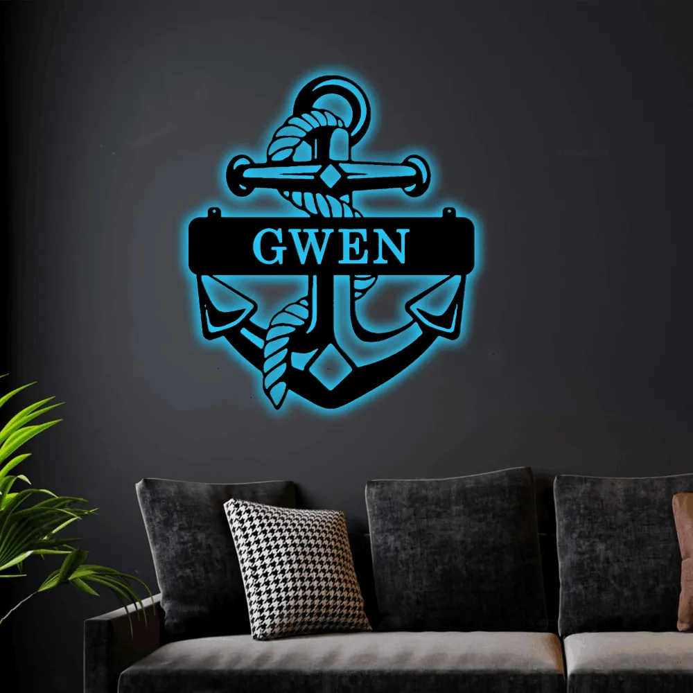 Anchor Sign With Led Lights, Beach Decor, Anchor Family Name, Wall Decor, Custom Wedding Gift, Metal Wall Art, Lake Metal Sign, Custom Name Sign