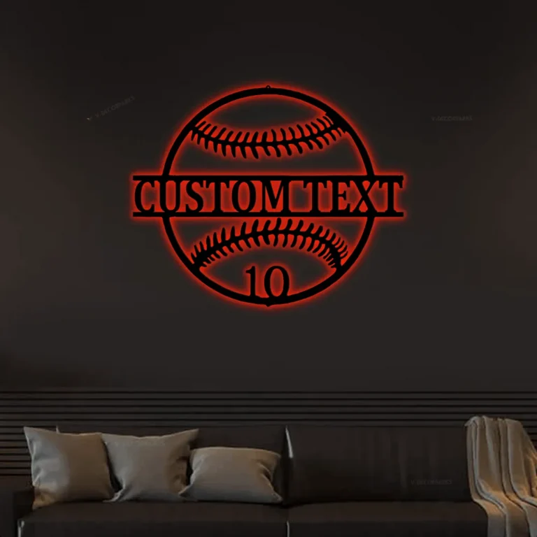 Custom Baseball Metal Sign With Led Lights, Customized Baseball Sign With Number Personalized Christmas Gift Home Decor