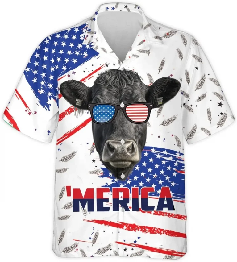 Black Angus Mens Hawaiian Shirt, 'merica Funny Animal Hawaiian Shirt, Patriotic Summer Shirts, 4th Of July Shirt Casual Button Down Shirt Short Sleeve