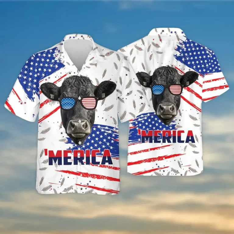 Black Angus Mens Hawaiian Shirt, 'merica Funny Animal Hawaiian Shirt, Patriotic Summer Shirts, 4th Of July Shirt Casual Button Down Shirt Short Sleeve