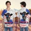 Black Angus Mens Hawaiian Shirt, 'merica Funny Animal Hawaiian Shirt, Patriotic Summer Shirts, 4th Of July Shirt Casual Button Down Shirt Short Sleeve