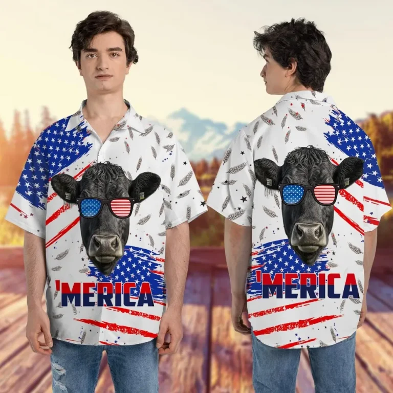 Black Angus Mens Hawaiian Shirt, 'merica Funny Animal Hawaiian Shirt, Patriotic Summer Shirts, 4th Of July Shirt Casual Button Down Shirt Short Sleeve