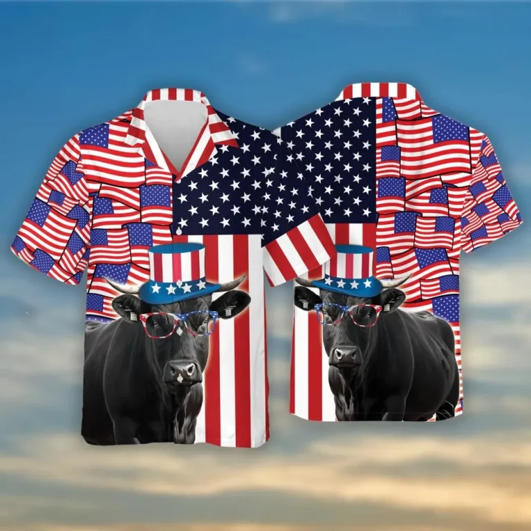 Black Angus Hawaiian Shirts, American Flag Cruise Shirts, Patriotic Cow Summer Beach Shirts, Funny Independence Day Button Down Shirts Short Sleeve