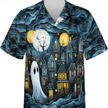 Horror Night Ghost Hawaiian Shirt For Men Women, Ghost House Halloween Shirt, Casual Button Down Short Sleeve Shirt, Hawaiian Style Shirts