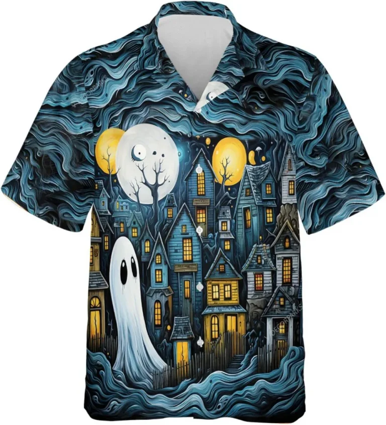 Horror Night Ghost Hawaiian Shirt For Men Women, Ghost House Halloween Shirt, Casual Button Down Short Sleeve Shirt, Hawaiian Style Shirts