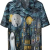 Horror Night Ghost Hawaiian Shirt For Men Women, Ghost House Halloween Shirt, Casual Button Down Short Sleeve Shirt, Hawaiian Style Shirts