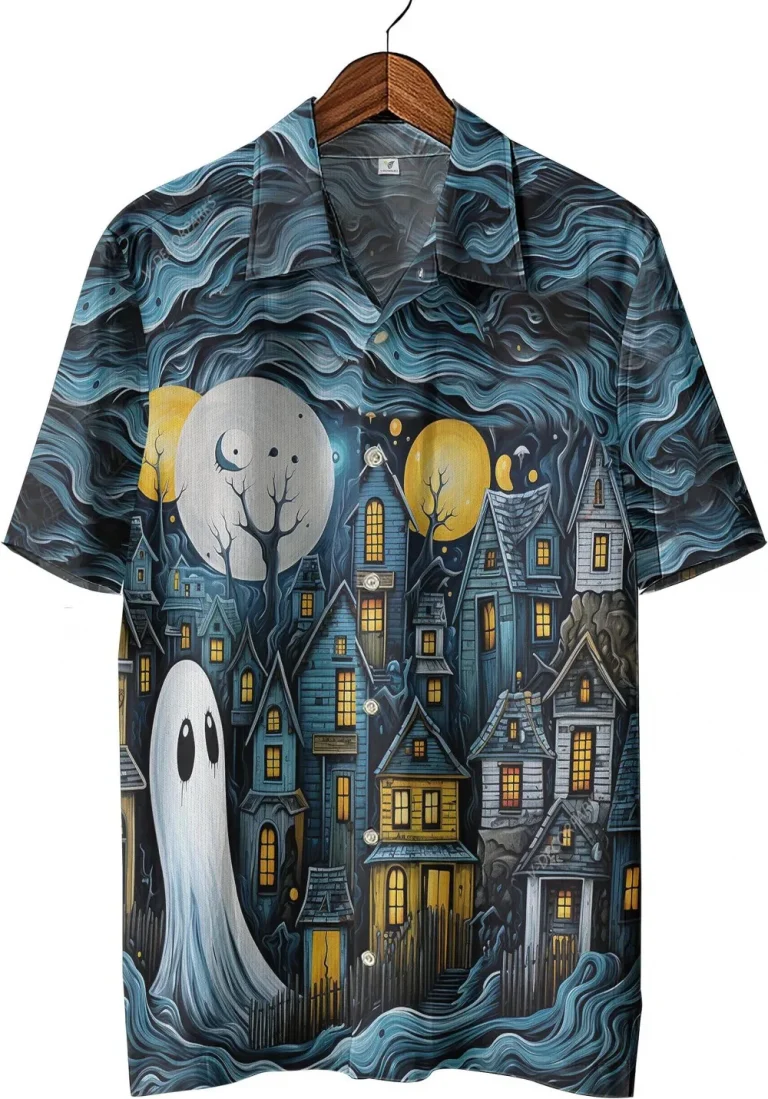 Horror Night Ghost Hawaiian Shirt For Men Women, Ghost House Halloween Shirt, Casual Button Down Short Sleeve Shirt, Hawaiian Style Shirts