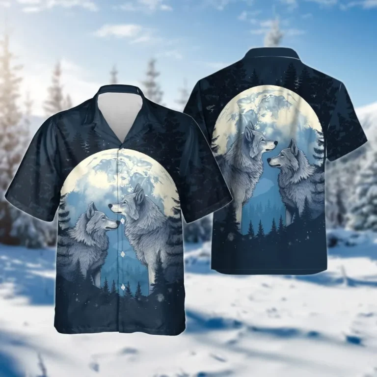 Wolf Howling Hawaiian Shirts, Wildlife Night Full Moon Cruise Shirt, Wolf Summer Beach Shirts, Casual Button Down Shirt Short Sleeve For Wolf Lovers