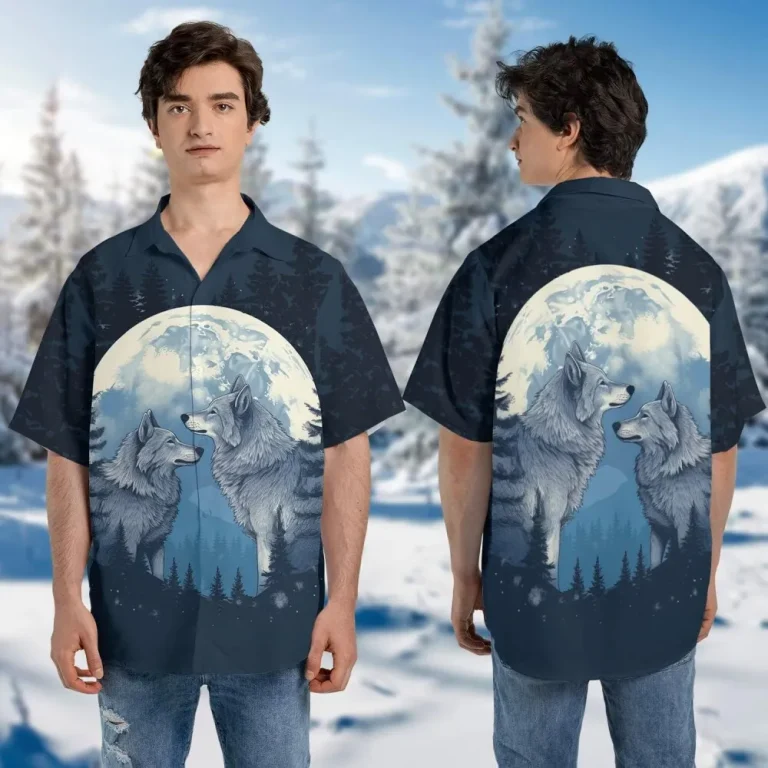 Wolf Howling Hawaiian Shirts, Wildlife Night Full Moon Cruise Shirt, Wolf Summer Beach Shirts, Casual Button Down Shirt Short Sleeve For Wolf Lovers