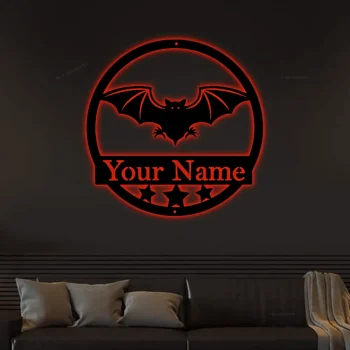 Bat With Led Lights, Metal Sign, Metal Name Sign, Black, Halloween Decor, Halloween, Bats, Outdoor Sign, Door Sign