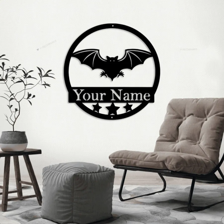 Bat With Led Lights, Metal Sign, Metal Name Sign, Black, Halloween Decor, Halloween, Bats, Outdoor Sign, Door Sign