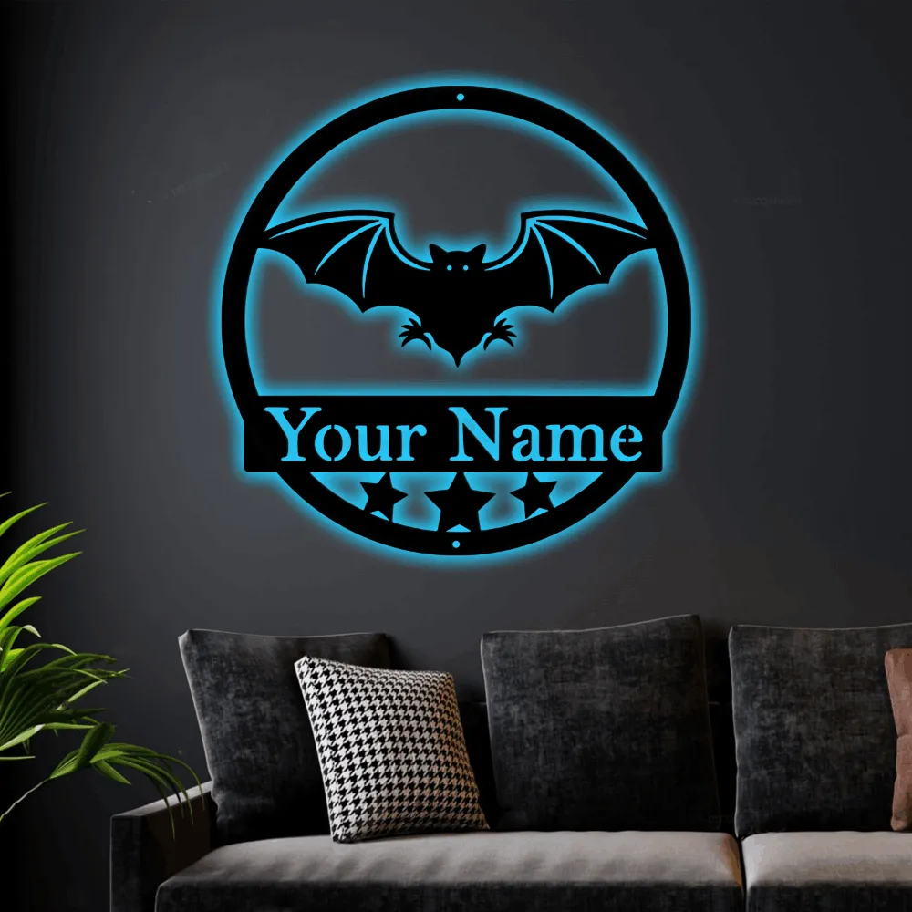 Bat With Led Lights, Metal Sign, Metal Name Sign, Black, Halloween Decor, Halloween, Bats, Outdoor Sign, Door Sign