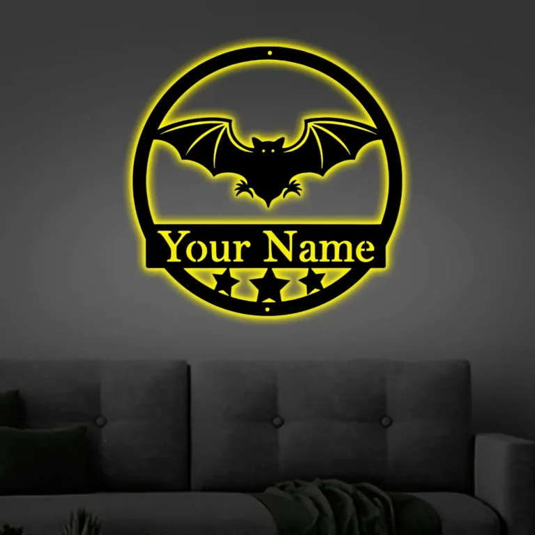 Bat With Led Lights, Metal Sign, Metal Name Sign, Black, Halloween Decor, Halloween, Bats, Outdoor Sign, Door Sign