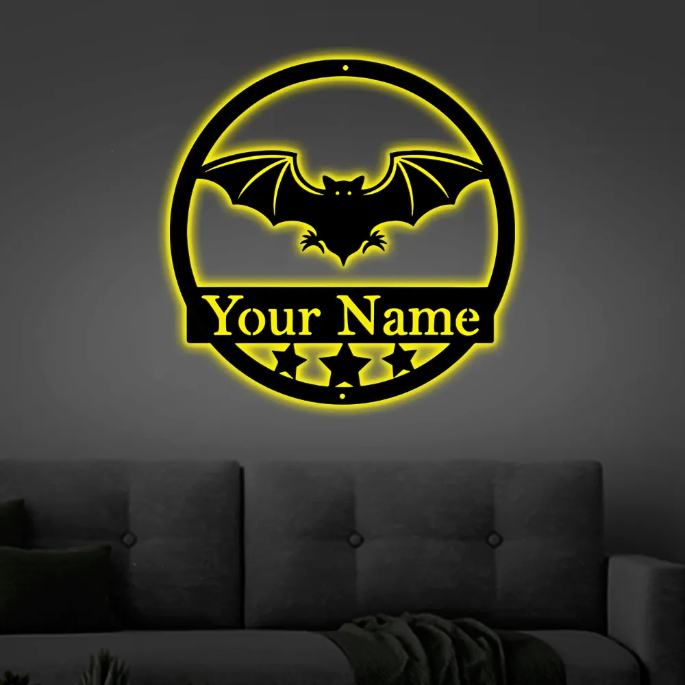 Bat With Led Lights, Metal Sign, Metal Name Sign, Black, Halloween Decor, Halloween, Bats, Outdoor Sign, Door Sign