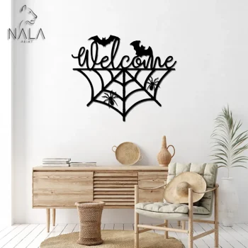 Bat And Spider Welcome Metal Wall Art, Halloween Wall Hanging, Metal Sign Perfect For Halloween, Spider Wed Design Wall Art Decor