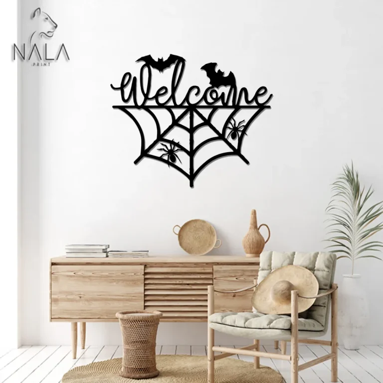 Bat And Spider Welcome Metal Wall Art, Halloween Wall Hanging, Metal Sign Perfect For Halloween, Spider Wed Design Wall Art Decor