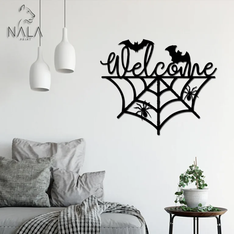 Bat And Spider Welcome Metal Wall Art, Halloween Wall Hanging, Metal Sign Perfect For Halloween, Spider Wed Design Wall Art Decor