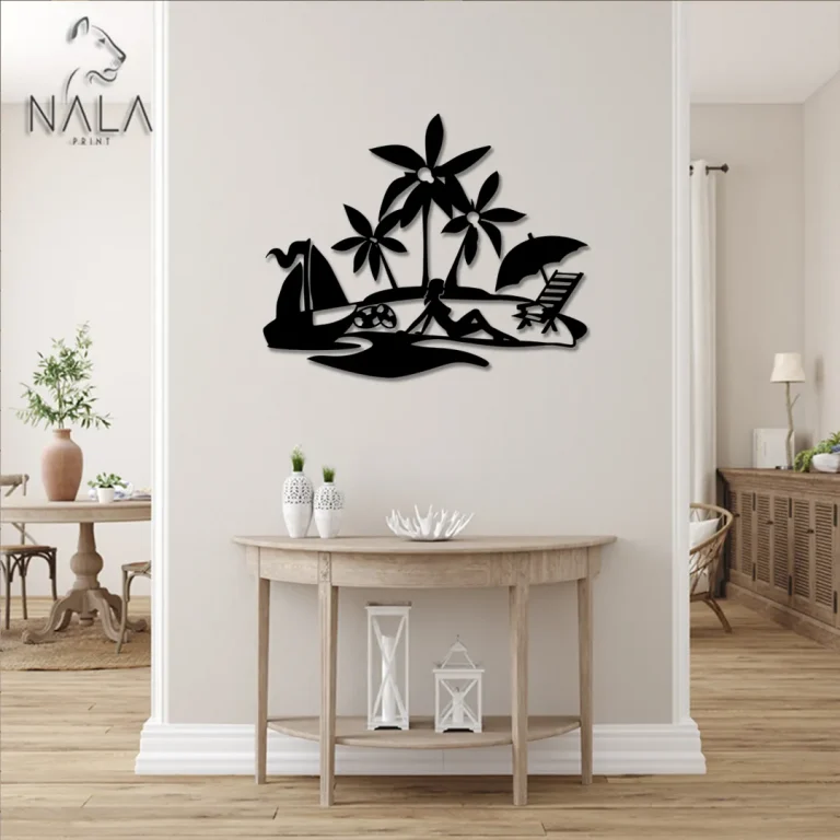 Girl Chilling On Beach Palm Tree And Boat Metal Artwork, Wall Hanging, Gift For Her