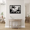 Beach Scene With Dolphin Lighthouse Palm Tree Wall Art, Decorative Metal Panel For Beach Lovers