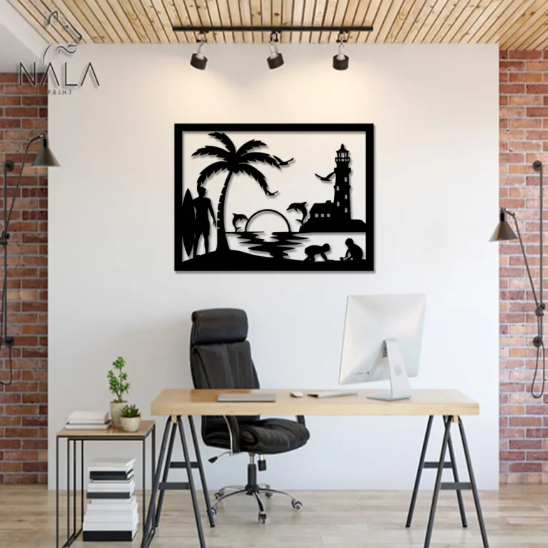 Beach Scene With Dolphin Lighthouse Palm Tree Wall Art, Decorative Metal Panel For Beach Lovers