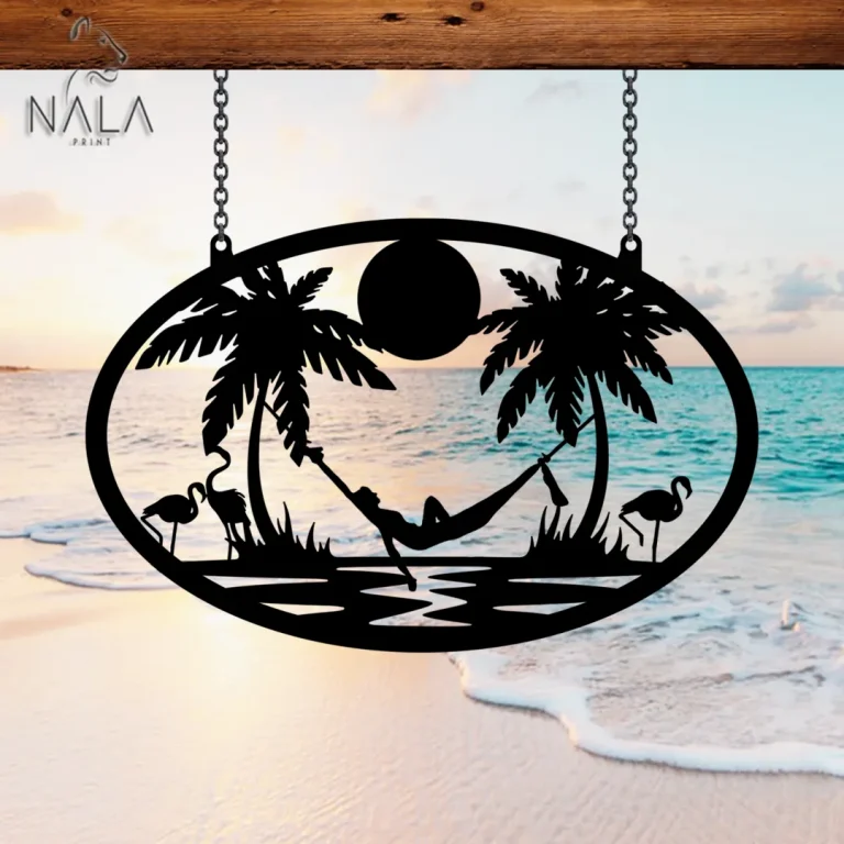 Girl In Hammock Flamingo Palm Tree Metal Sign, Outdoor Hanging Decor, Beach Life Metal Art