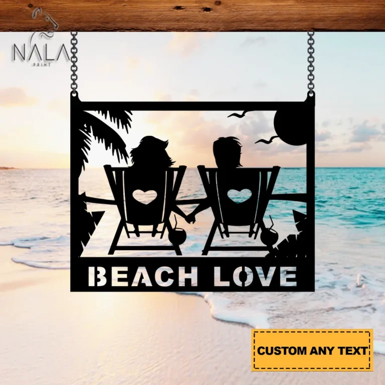 Loving Couple Beach Sunset Scene Custom Metal Hanging Sign, Valentine's Gift, Riverside Coastal Beach Outdoor Decor