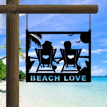 Loving Couple Beach Sunset Scene Custom Metal Hanging Sign, Valentine's Gift, Riverside Coastal Beach Outdoor Decor