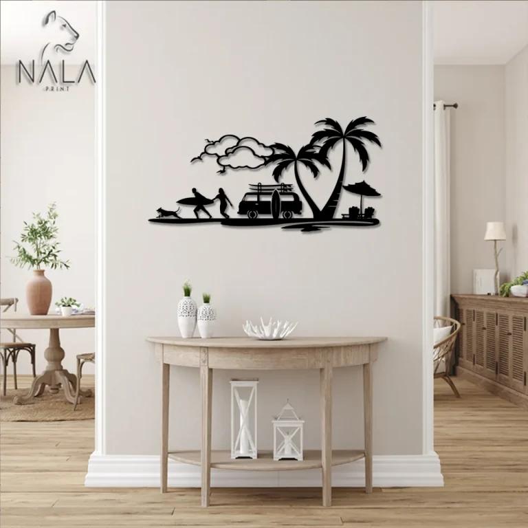 Couple And Dog On Beach Metal Wall Art, Beach Scene Wall Hanging, Front Proch Decor For Beach Lovers