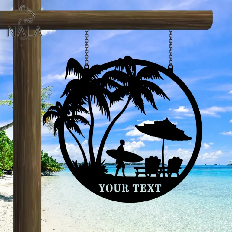 Custom Beach Life Palm Trees Beach Chair Umbrella Hanging Sign, Metal Front Gate Decor