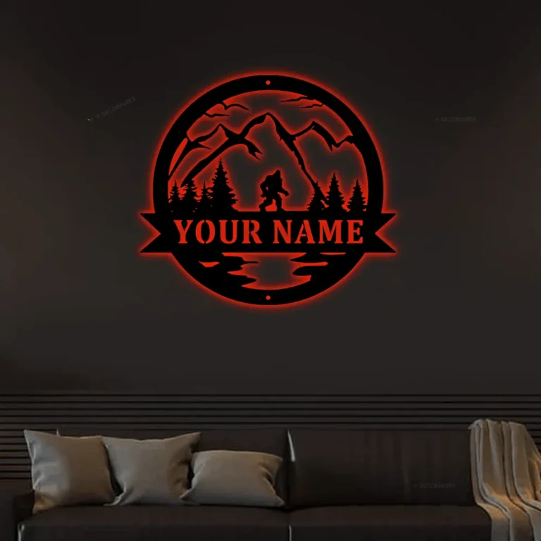 Bigfoot Led Lights, Metal Sign, Camp Sign, Christmas Gift For Him, Metal Name Sign, Fathers Day, Bigfoot Sign, Custom Text Metal, Cabin Decor