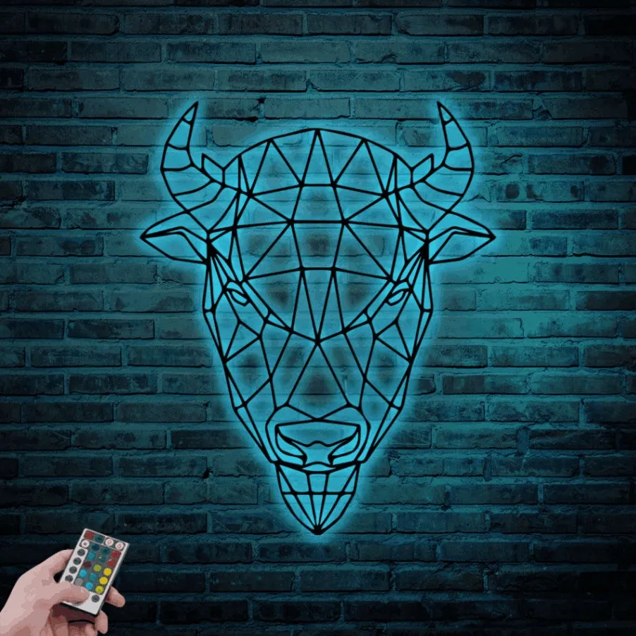Bison Buffalo Metal Wall Art With Led Lights, Geometric Buffalo Sign Decoration For Room, Buffalo Home Decor, Bison Wall Decor, Bison Wall Art